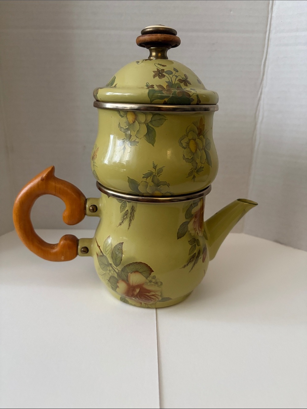 MacKenzie-Childs Olive Green Floral Ceramic Teapot with Curved Wood-Style Handle